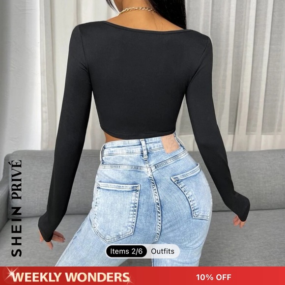 NWOT SHEIN SHEIN Privé Hook And Eye Asymmetrical Hem Crop Tee black small - Picture 3 of 11